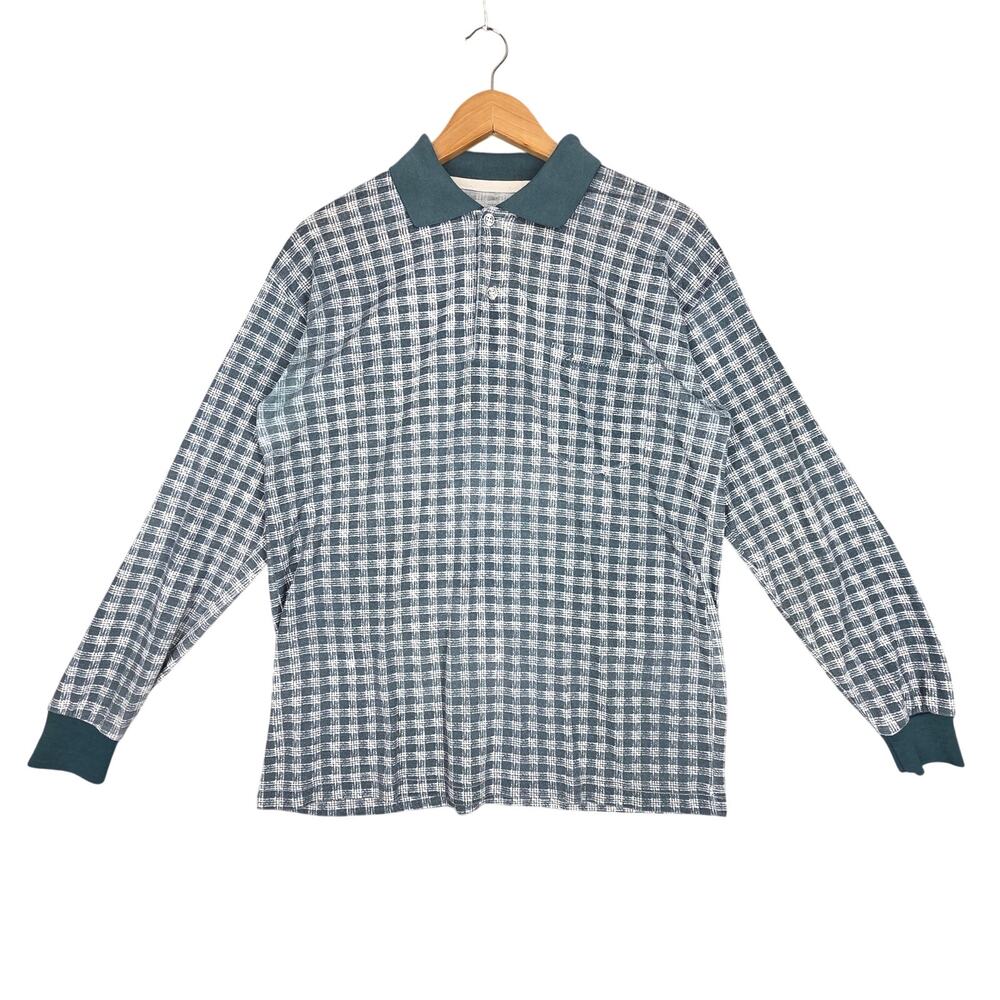 VINTAGE HING SHING GREEN WHITE CHECKERED POLO LONG SLEEVE MEN’S MEDIUM